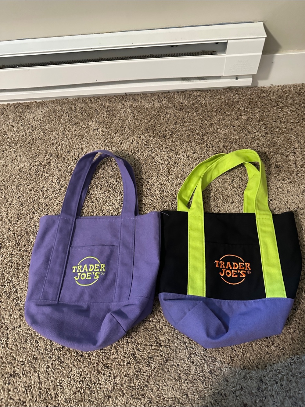 Trader Joe's mini Canvas Totes purple & Black/Green Accent Tote